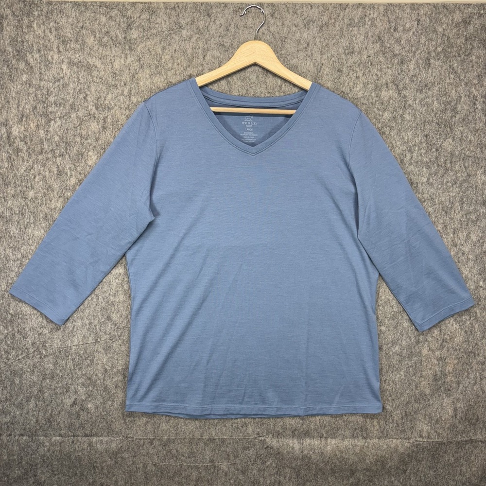 Woolx Elena 3/4 Sleeve V Neck Shirt Women's Large Merino Blend Wool Light Blue
